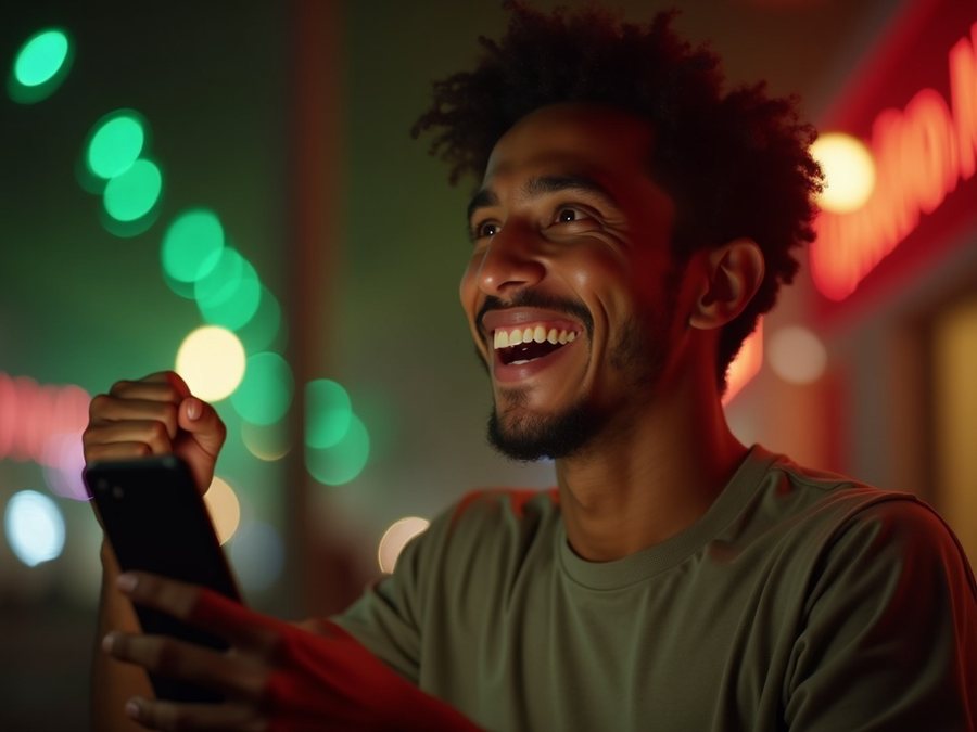 Aficionado celebrando una apuesta en su teléfono